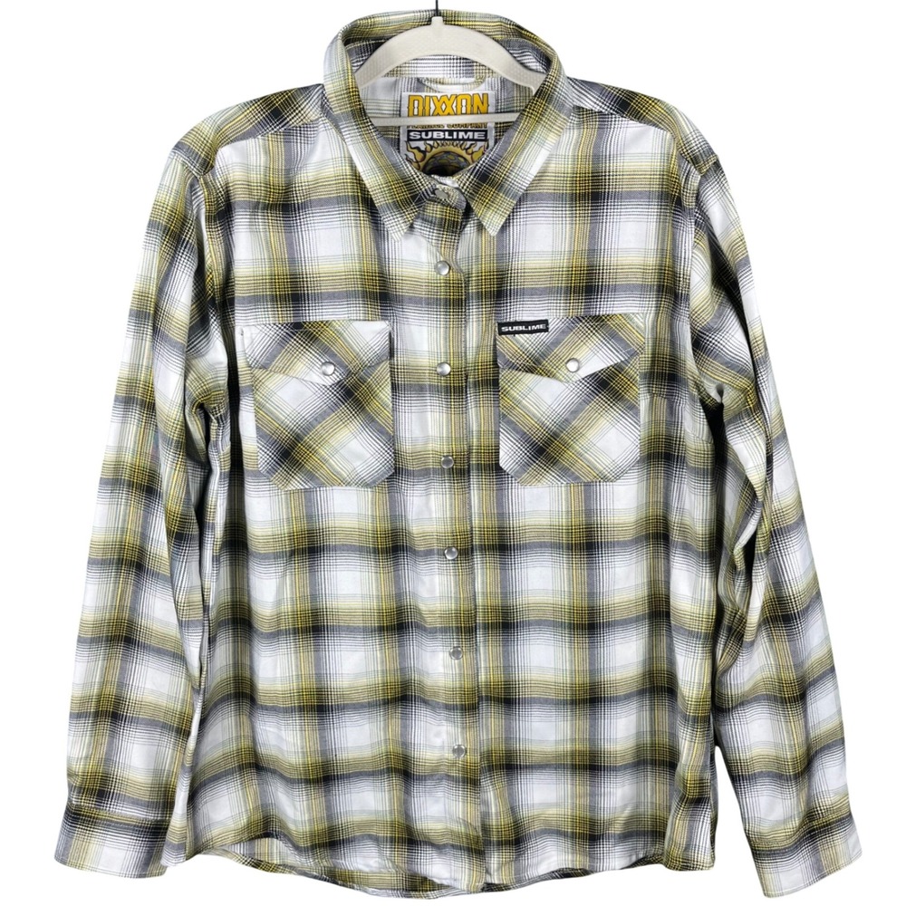 Dixxon Flannel Co Sublime Shirt Womens L Yellow Plaid Snap Button D-Tech